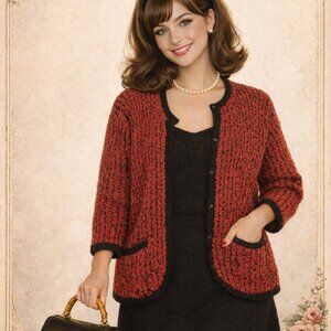 Bramble Lane Chunky Knit Cardigan Medium Red Black Acrylic Pre-Owned Sweater VTG